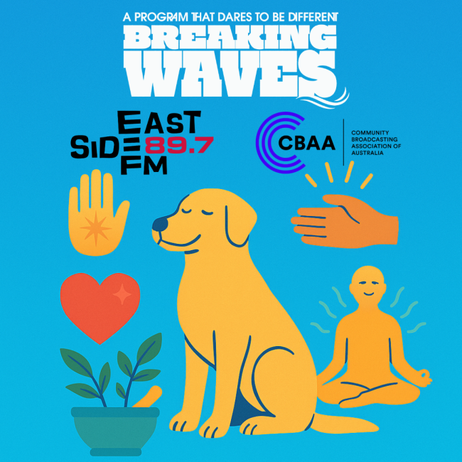 Flat-style illustration on a calm blue gradient background showing a relaxed Labrador, a healing hand, a single herbal bowl with green leaves, a heart, and a meditating figure. The top of the image as the logo's of Breaking Waves, Eastside Radio and the CBAA.