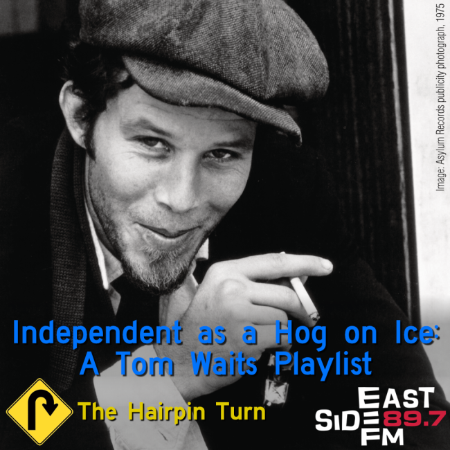 An image of Tom Waits smirking at the camera, holding a cigarette and a bottle of beer in the same hand.